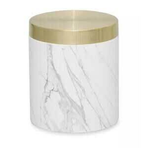 DKNY Faux Marble Jar with Gold Tone Lid Mixed Media Cover White Gray Black NWT